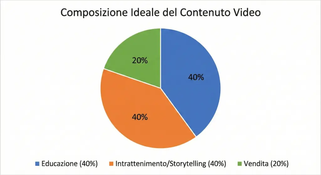 Grafico della formula 40/40/20 per la sceneggiatura YouTube che bilancia educazione, storytelling e vendita per massimizzare le conversioni