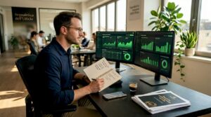 Un esperto di marketing digitale lavora in ufficio, concentrato sulla gestione delle campagne Google Ads.