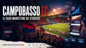 Copertina articolo sul marketing del Campobasso FC con stadio, tifosi rossoblù, social media e dati di crescita del brand