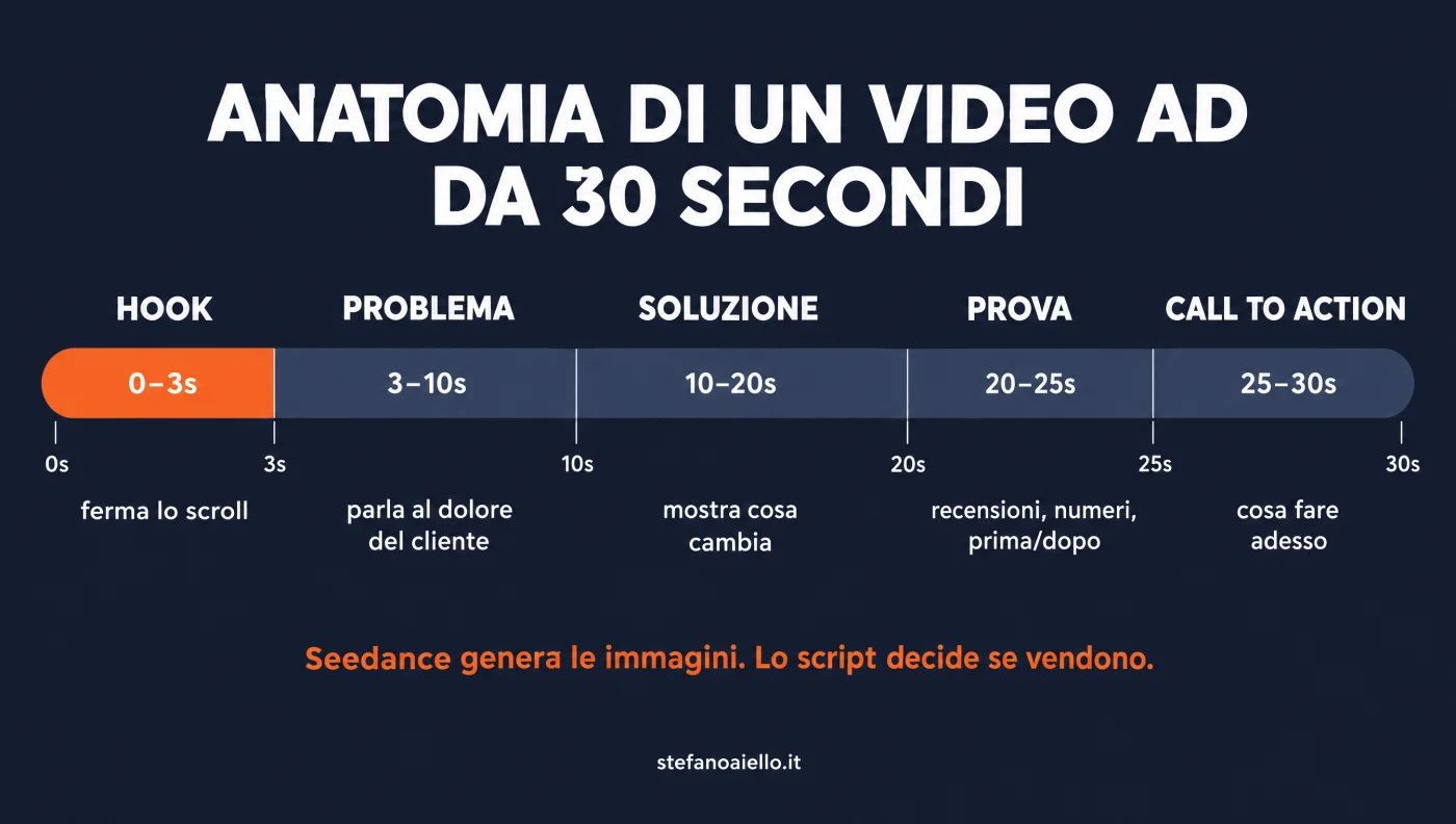 Seedance: cos'è il video AI di ByteDance e se conviene per le tue ads 2 Infografica: anatomia di un video ad da 30 secondi: hook 0-3 secondi, problema, soluzione, prova, call to action