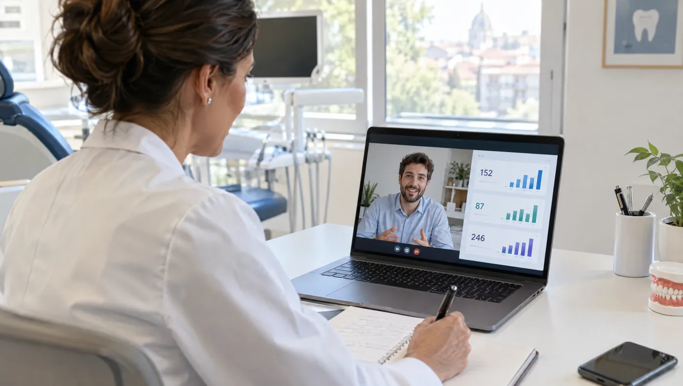 Titolare di uno studio dentistico in videochiamata con il suo media buyer mentre prende appunti sui risultati delle campagne