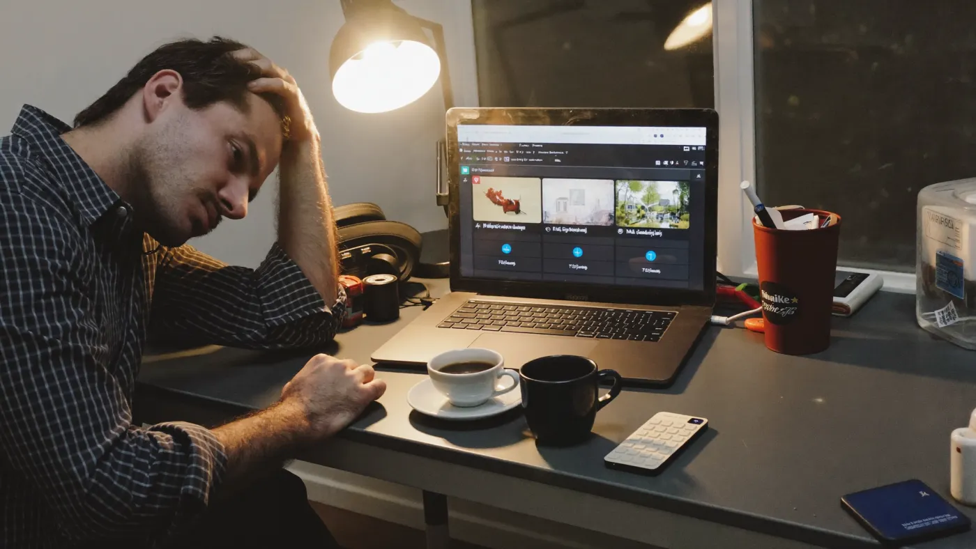 Creare contenuti se non hai tempo: cosa delegare e come farli lavorare nelle tue ads 2 Imprenditore stanco alla scrivania la sera davanti a un portatile pieno di contenuti generati con l'AI