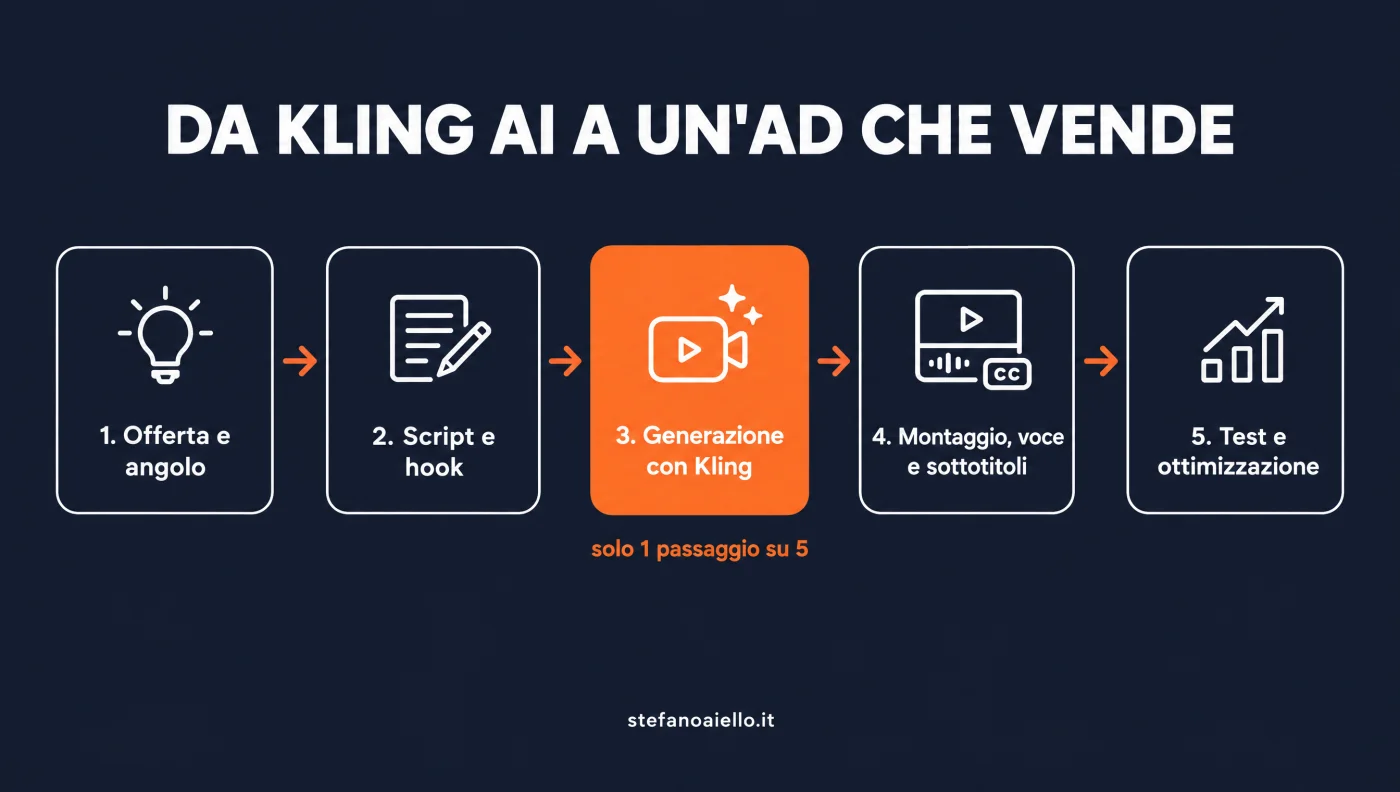 Kling AI: cos'è, quanto costa e se serve davvero per le tue ads 2 Infografica: i 5 passaggi per trasformare un video Kling AI in un'ad che vende: offerta e angolo, script e hook, generazione, montaggio, test